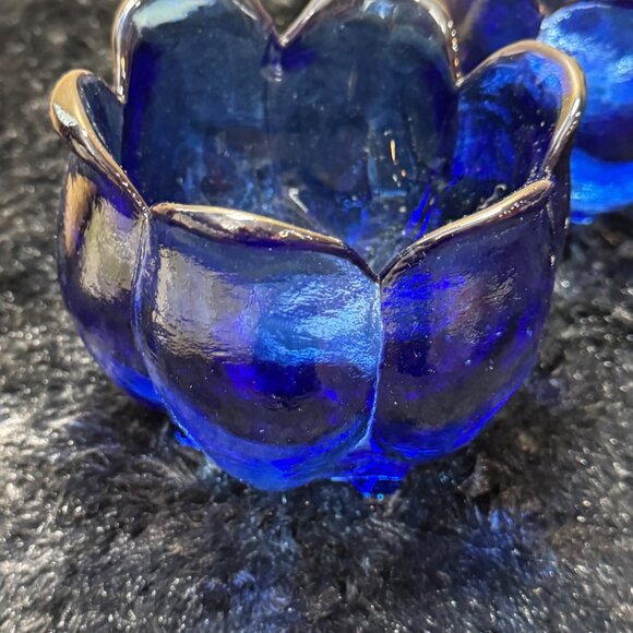 Vintage Cobalt Blue Recycled Glass Tulip Shape  Shaped Candle Holders  Set Of 2 - Picture 2 of 8